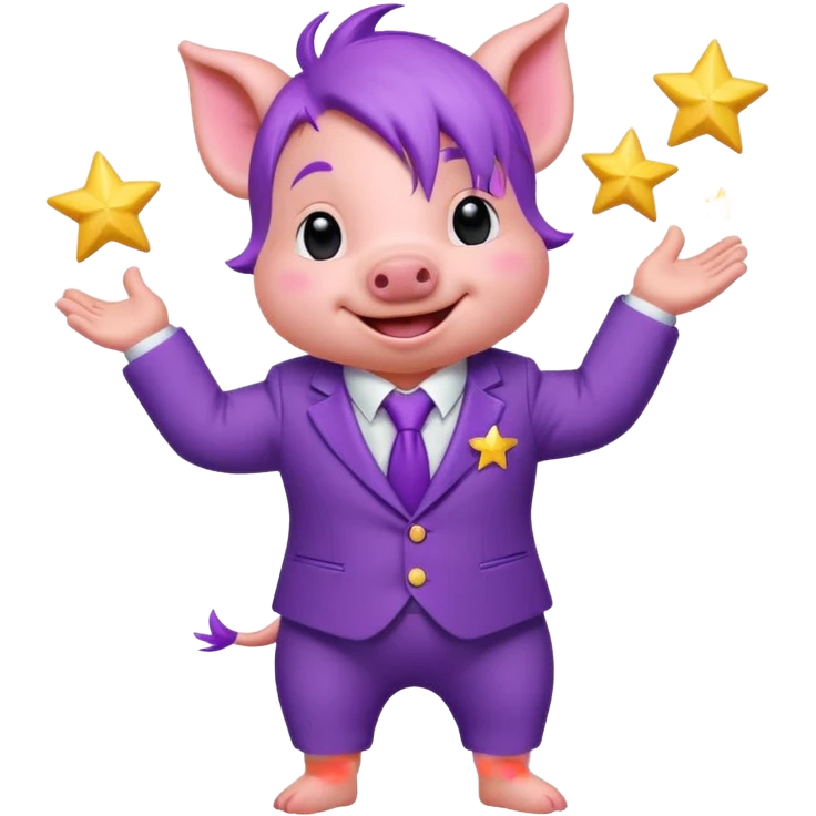 Sticker, a small cute funny purple piglet with purple hair, wearing a purple suit decorated with stars, ((cheerful, laugh)), surrounded by white outline, on transparent background emoji