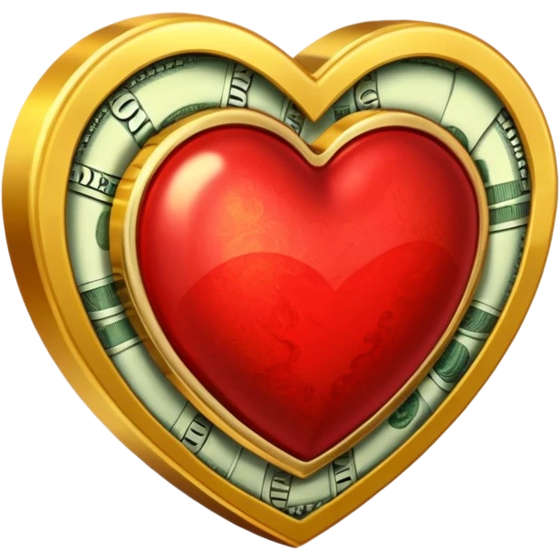 "Realistic HD red heart fused with cash and gold elements, heart seamlessly blended with money textures and molten gold details, dramatic warm glow, luxurious but clean, white background." emoji