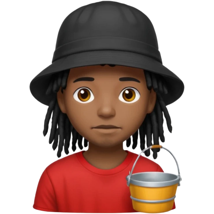 dark brown skin, black hair dreadlocks, wear red t-shirt, black bucket hat emoji