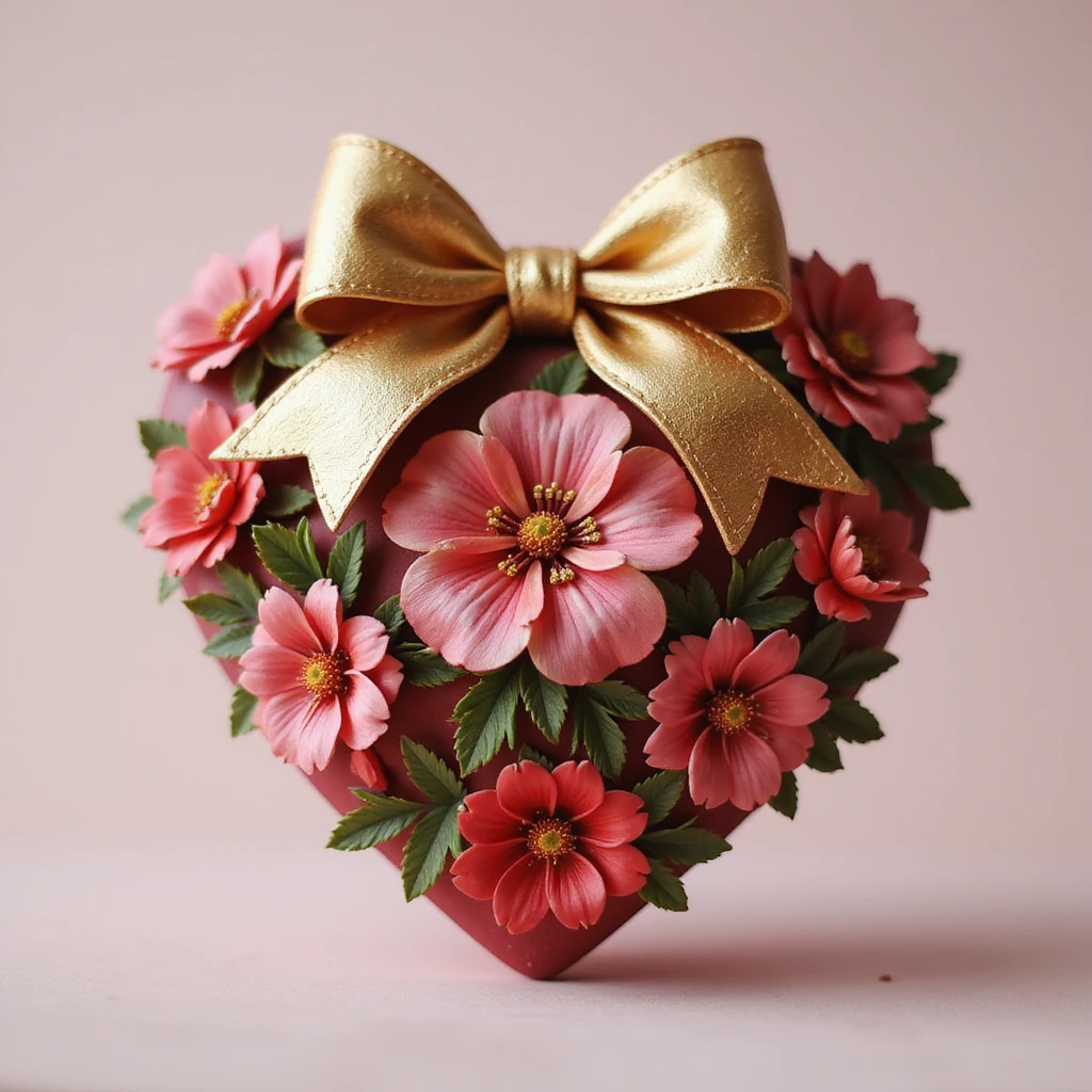 realistic heart with flowers, gold bow with heart pattern on the bow, photorealistic style emoji