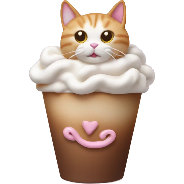 Cat made out of latte foam curled up inside of an mocha in an pink cup with a bow  emoji
