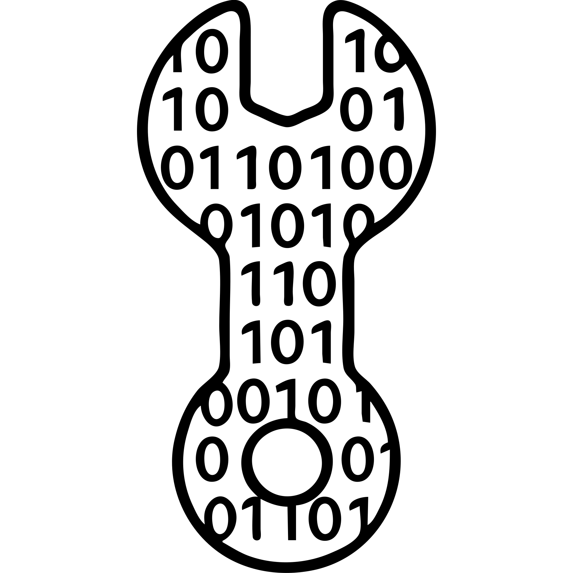 A wrench tool made out of binary code, with 0s and 1s flowing through and forming the shape of a wrench emoji