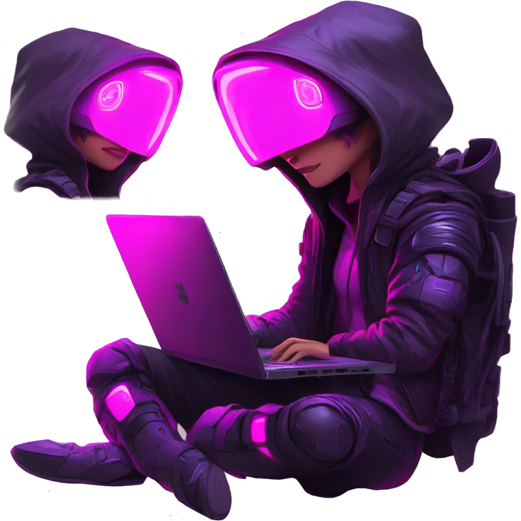 developer behind his laptop with this style : crysis Cyberpunk Valorant neon glowing bright pink girl character dark pink purple black hooded assassin themed character emoji