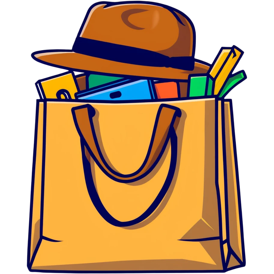 shopping bag with an Indiana Jones hat on top emoji