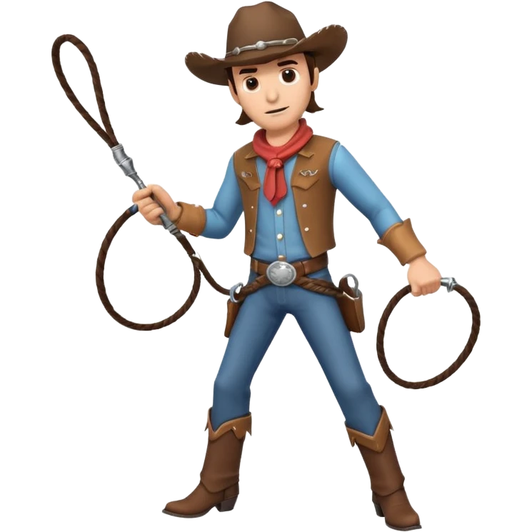cowboy man holding a whip, dynamic pose, western outfit, adventure vibe, 3D cartoon, mobile game icon style, clean background, no text, no watermark
 emoji