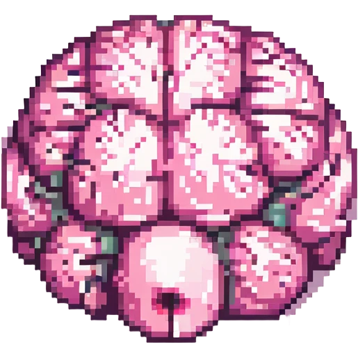Make this pink melting brain icon more 3D with enhanced depth, shading, and highlights. Keep it fully front facing with pixel art accents. Background transparent. emoji