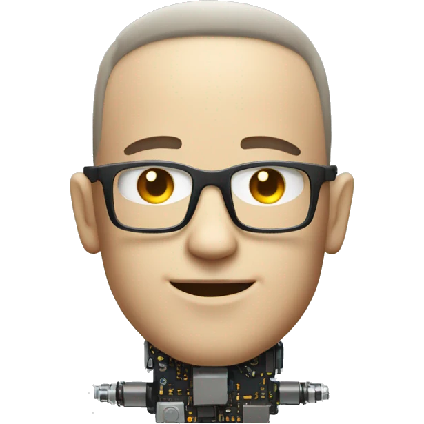 Cyborg head with fair skin, flat top haircut, rectangular glasses, circuits and smiling  emoji