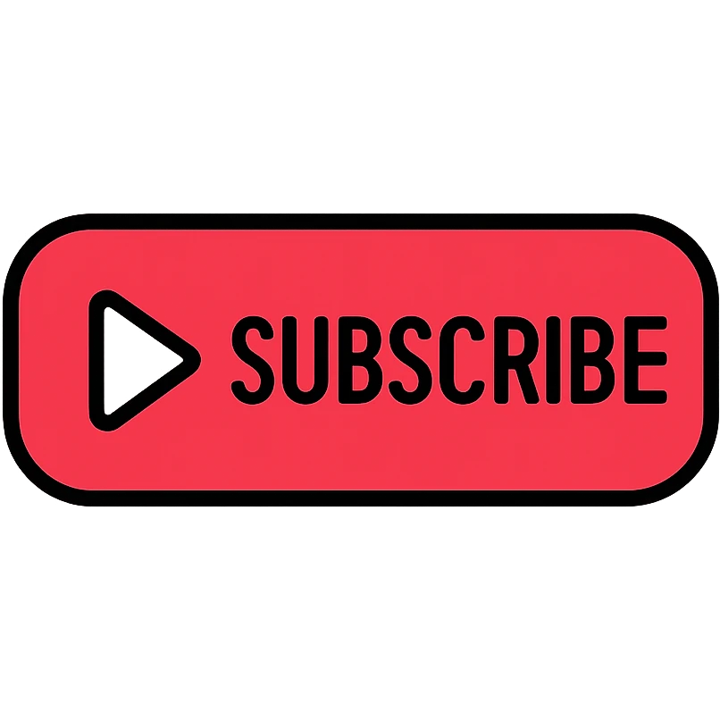 YouTube subscribe button, bold red, rounded rectangle, white play icon, clear text, modern icon style emoji