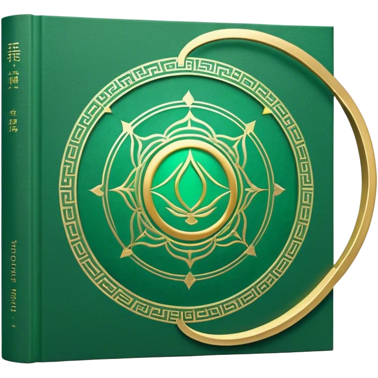 A soft emerald green book front cover with golden details, featuring a Zen circle, a ray of light, or a lotus on the cover, radiating presence, tranquility, and spiritual awakening emoji