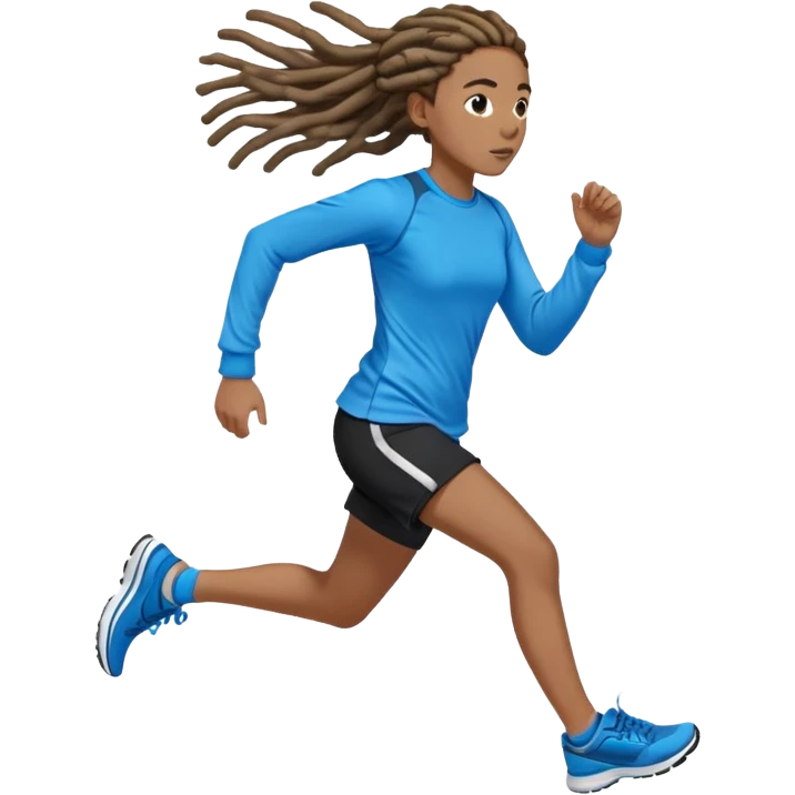 Running girl, lightdark skin dreadlocks ￼and in a Bright blue Long sleep and black shorts and running shoes and sweat drops falling off of her emoji