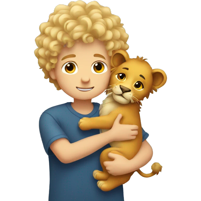 curly short hair blonde boy hugging a lion emoji