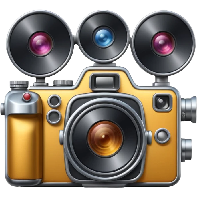 Minimal emoji icon of a huge cinematic metalic camera, front view, simple shapes, realistic lens,  emoji