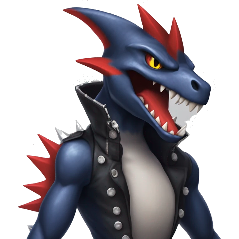 Black, Modern, Cool, Edgy, Badass Punk-style Garchomp-Charmeleon-Sergal Fakémon-Digimon with sharp edgy striking detailed stripe-markings,  full body emoji