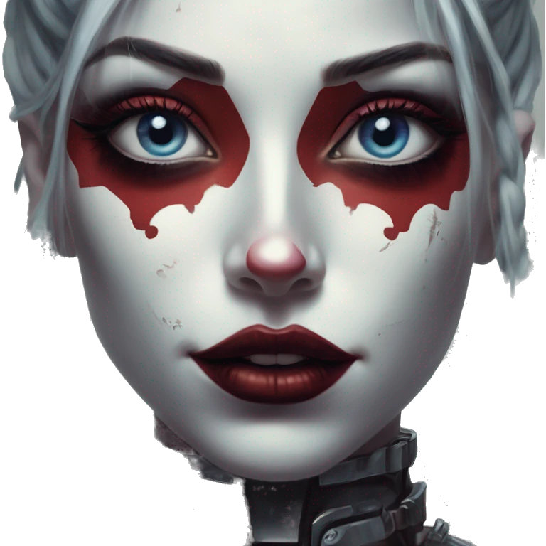 Cyborg in Harley Quinn style, oil paint, mysterious eyes, intricate lips, masterpiece portrait, odd perspective, beautiful, desirable, logical emoji