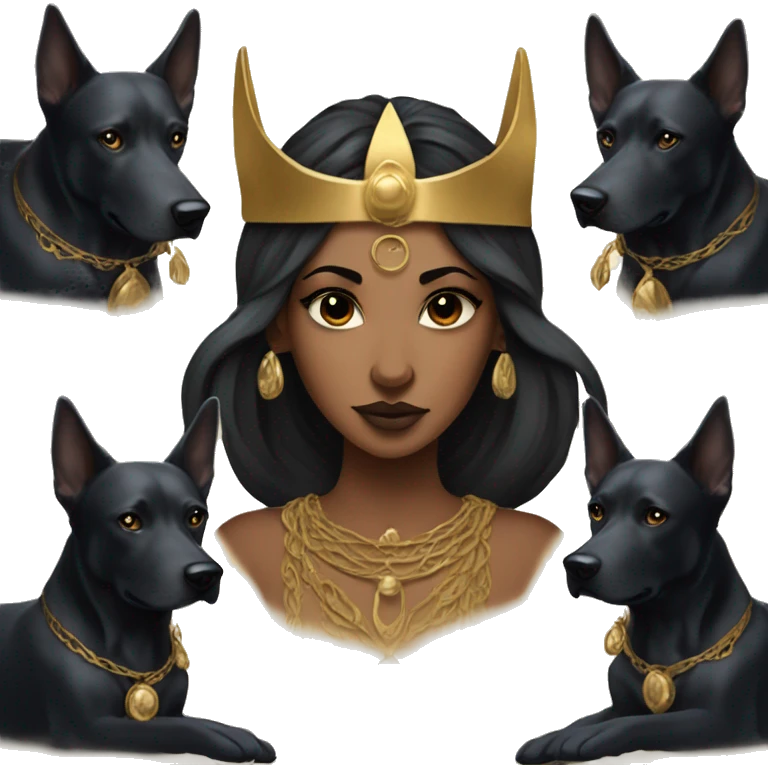 Hekate goddess of the night and magic- triple goddess black hair and two black dogs emoji
