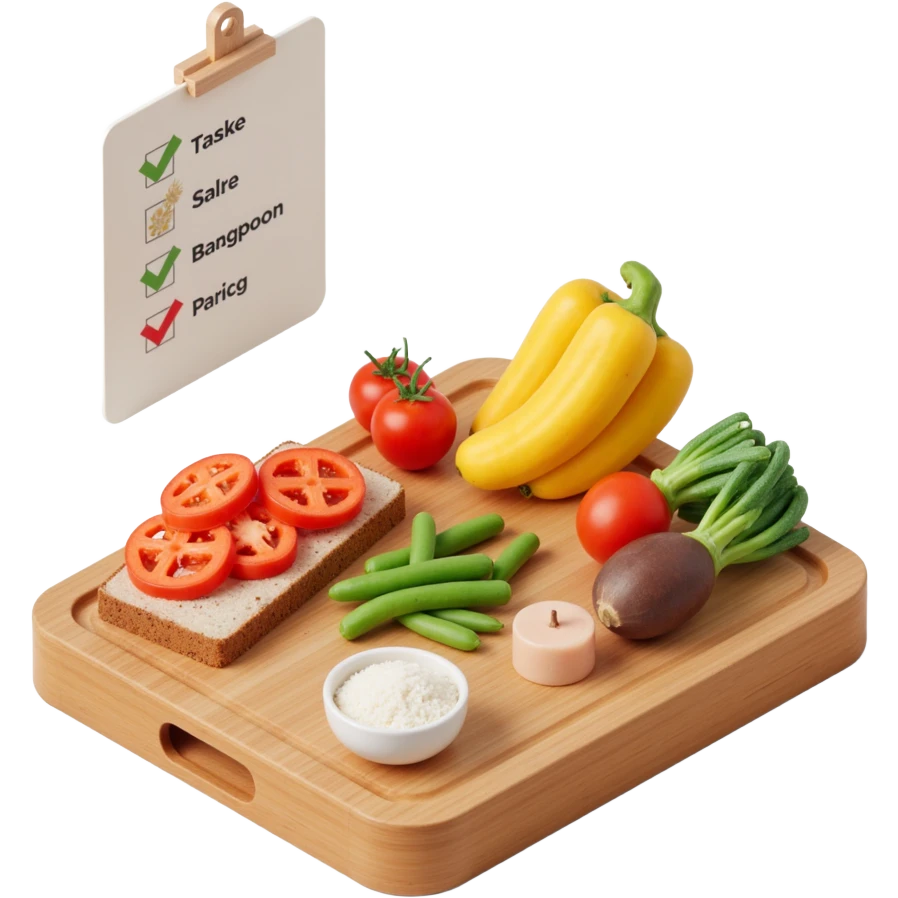 Ingredients on teh wooden cutting board with floating list with check box emoji