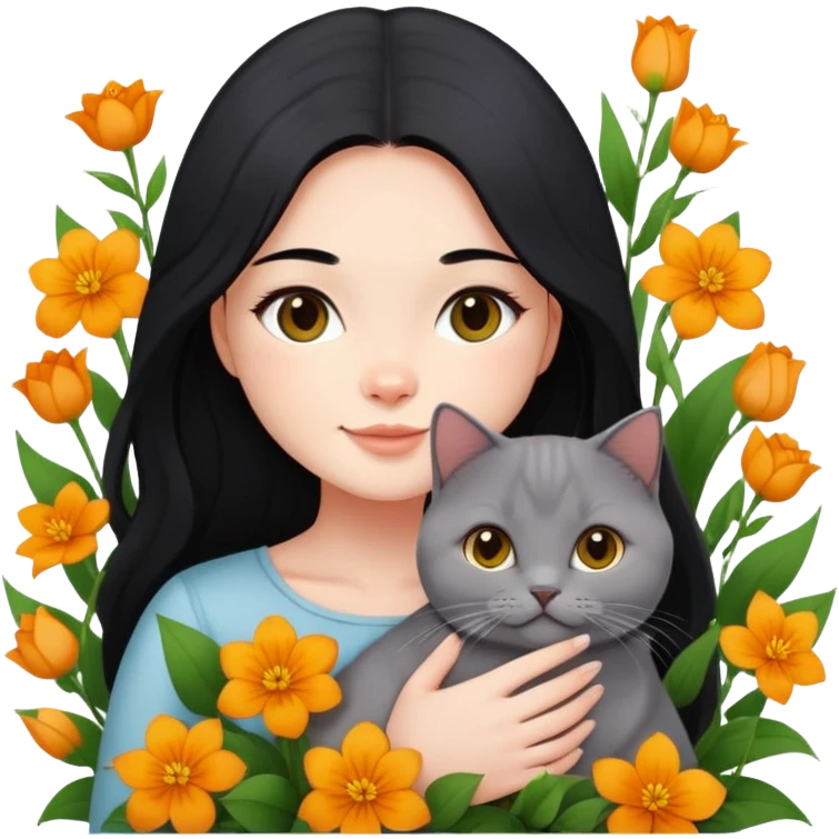 A beautiful girl with long black hair happily holds a Ginger British Shorthair Cat in the flowers emoji