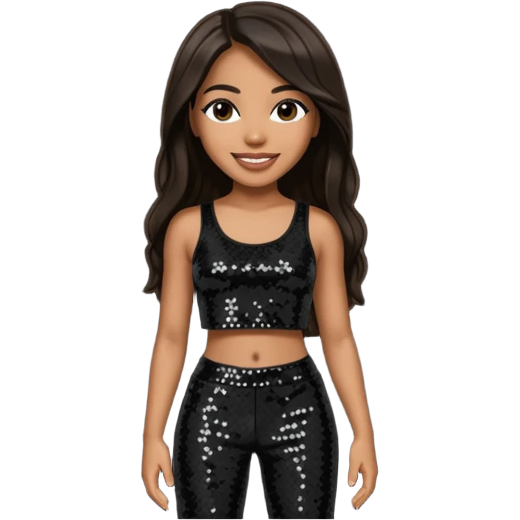 Aaliyah with long dark brown hair, black sequin crop top, black sequin pants emoji