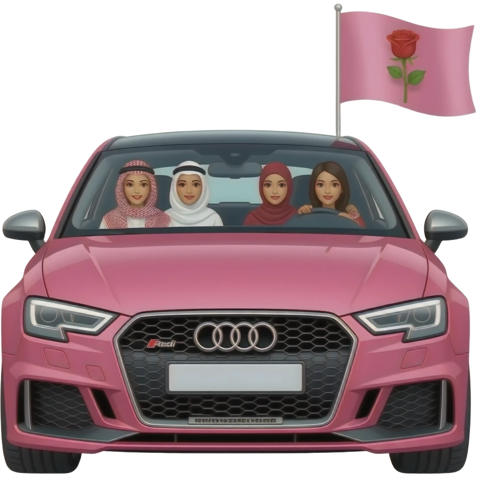 generate a pink flag with a rose on it and a rs3 with 4 girl in the car, 3 of them are arab and the 4th is senegalese on the flag emoji