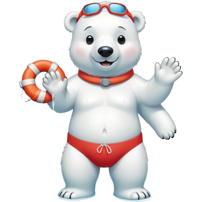 full body friendly anthropomorphised polar bear smiling, wearing colorful swim shorts, red and white life buoy around waist, swim goggles, standing in small pool of water emoji