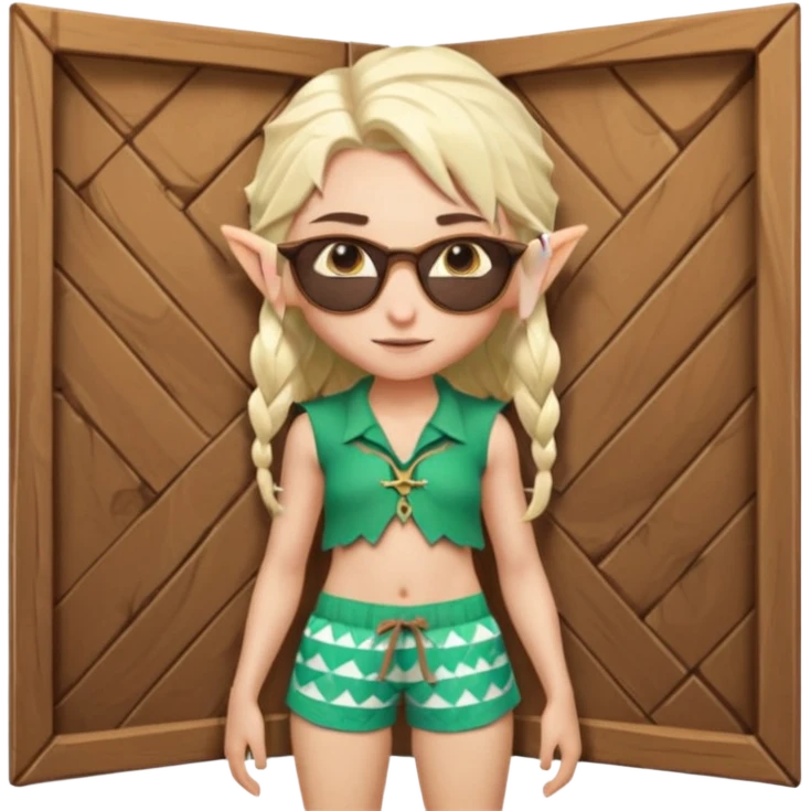 elf female legolas portrait, patterned board shorts (geometric/abstract), unique wooden-framed sunglasses, undercut hairstyle, slight smirk, visible pointy ears, no background, centered emoji, hipster summer vibe coctails  emoji