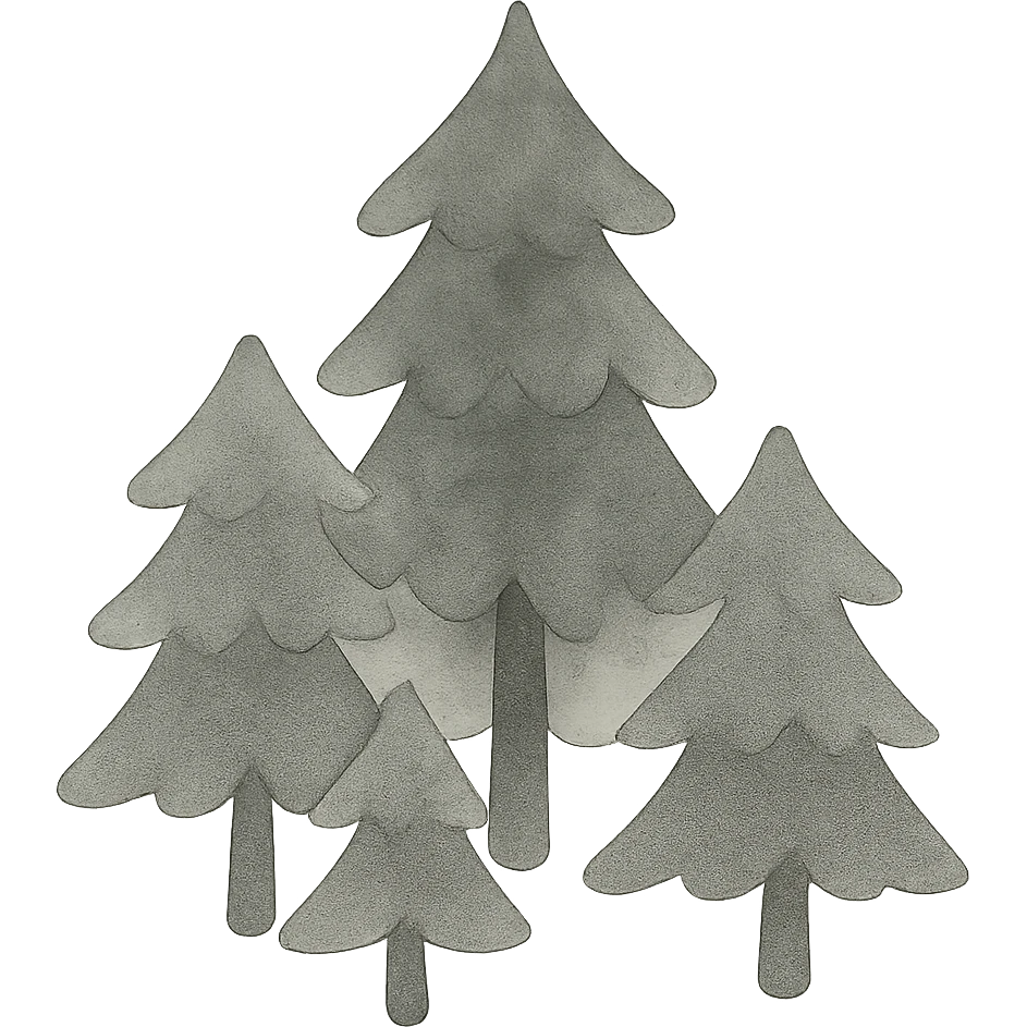 illustration of evergreen trees in Scandinavian folk art style, dark neutral forest color tones, watercolor texture with outlines, transparent background, suitable for favicon emoji