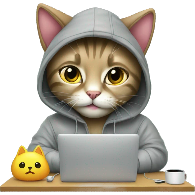 cat is a graphic designer in a hoodie and headphones, working at a computer in photoshop emoji