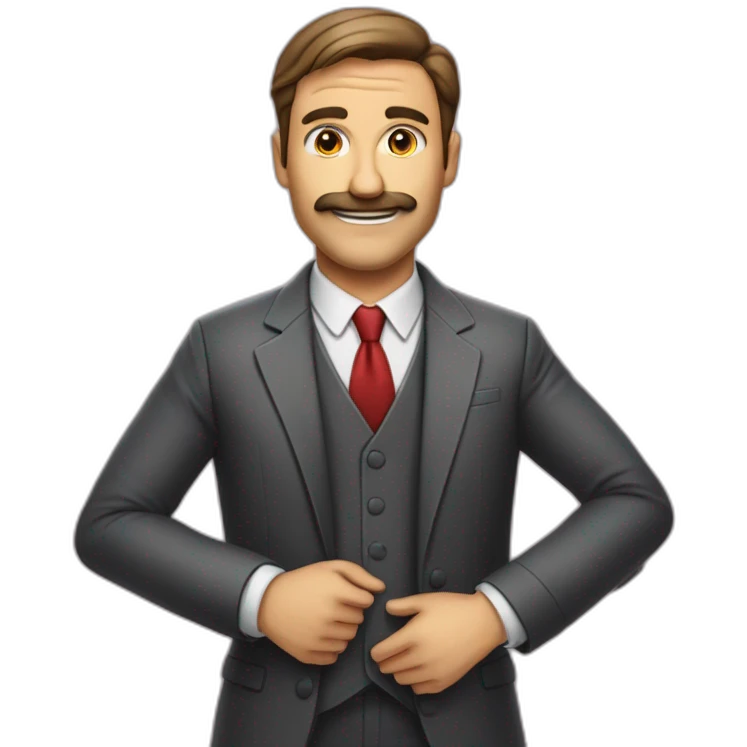 Homem com cara de mau de gravata apontando o dedo emoji