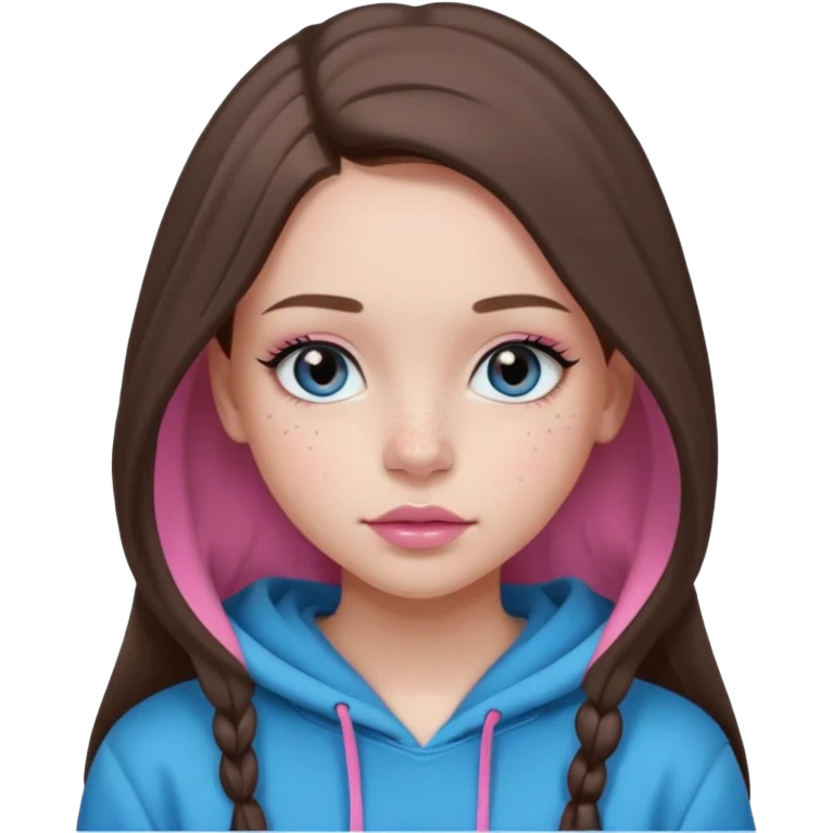 Create a TEENAGE girl with LONG and straight light brunette hair with a middle part, light skin, light freckles, and blue-gray eyes. She will have pink lips and LONG eyelashes. She will be wearing a black hoodie emoji