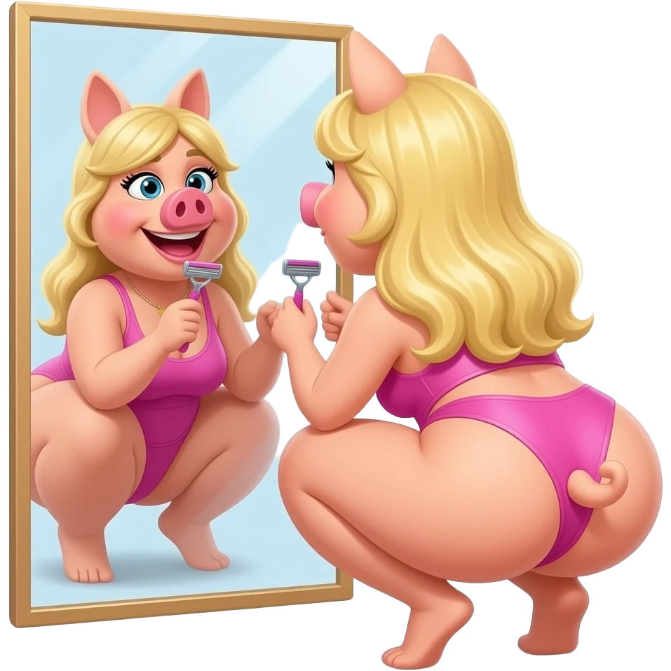 Miss piggy cartoon  cups Thick voluptuous  extremely hairy booty cheeks blonde female spreading open  butt cheeks and observing looking back  hairy butthole wide open looking at it in mirror squatting with her shaving razor emoji
