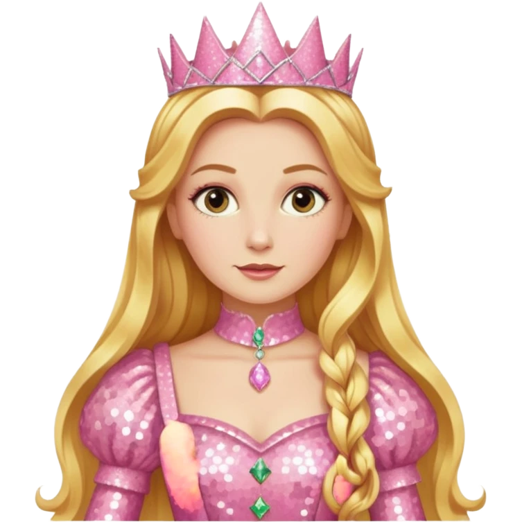 Glinda from The Wizard of Oz with long golden blonde hair, pink sequin outfit emoji