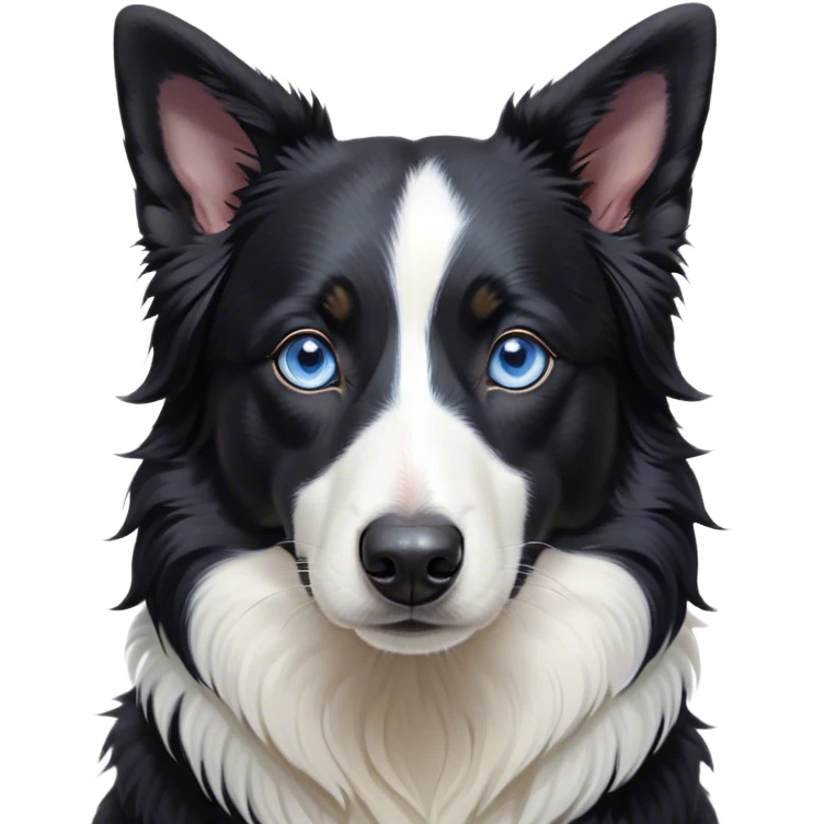 Cinematic Noble Black and White Border Collie Portrait Emoji, Poised and regal, with a lean, athletic build and a sleek, well-groomed black and white coat, piercing blue eyes, Simplified yet sharp and sophisticated features, highly detailed, glowing with a soft, dignified glow, high shine, intelligent and agile, stylized with an air of precision, focused and attentive, soft glowing outline, capturing the essence of a watchful and determined herder, so majestic it feels as though it could sprint out of the screen with effortless authority! emoji