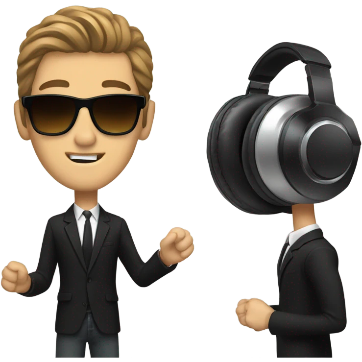 White Man brown hair with sunglasses DJ black jacket skinny tie headphones spinning records emoji