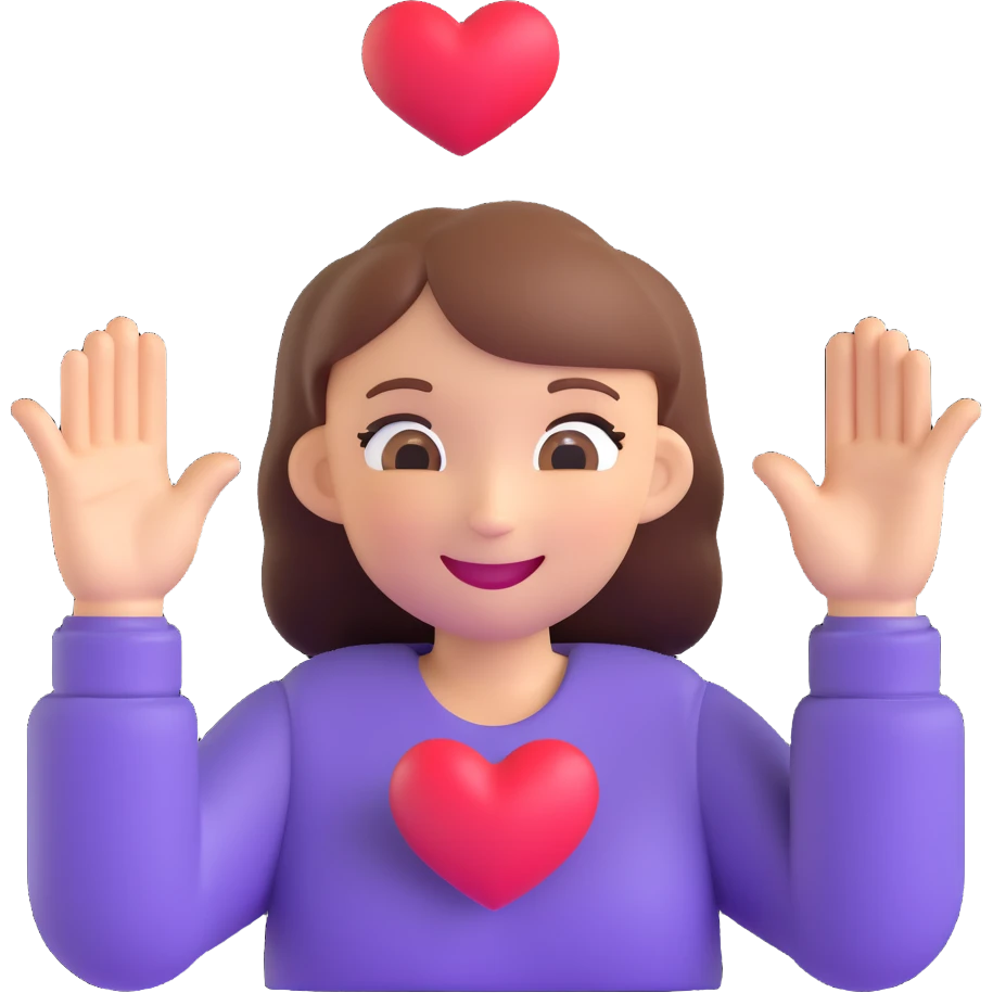 Transform the smiling face with two hands gesturing a heart into a 3D emoji style, preserving the cute expression and proportions, with no background. emoji
