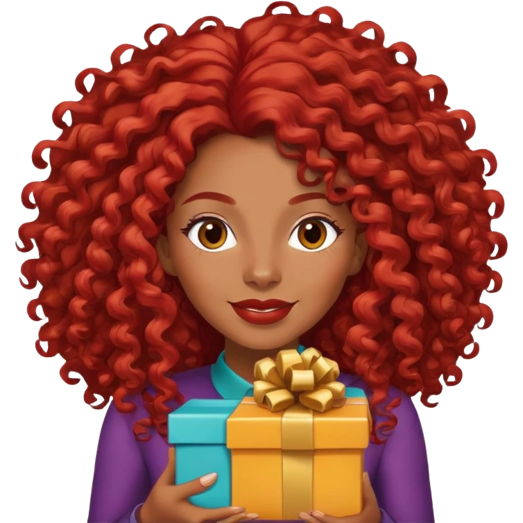 Afrolatina with long red hair with curls celebrating a present emoji