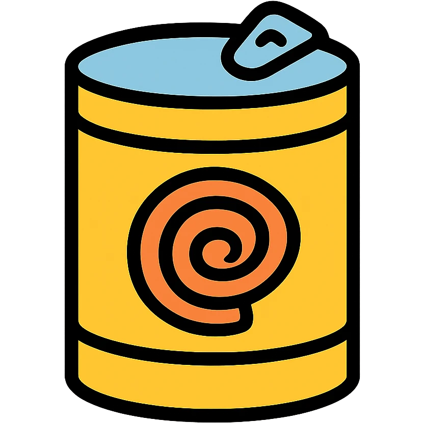 minimalist icon of canned pasta, simple can with pasta swirl, flat colors, modern style, transparent background emoji