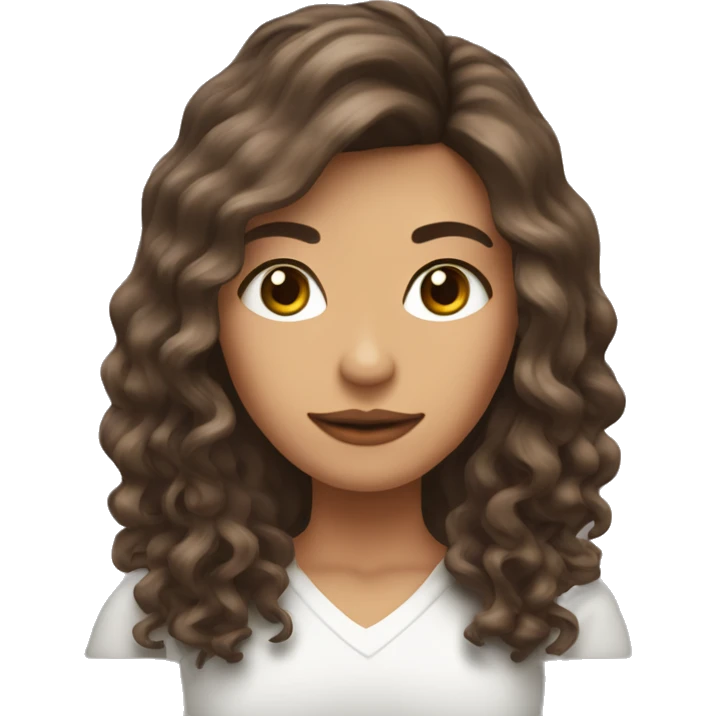 mujer con pelo largo, flequillo y rizos. ojos marrones emoji