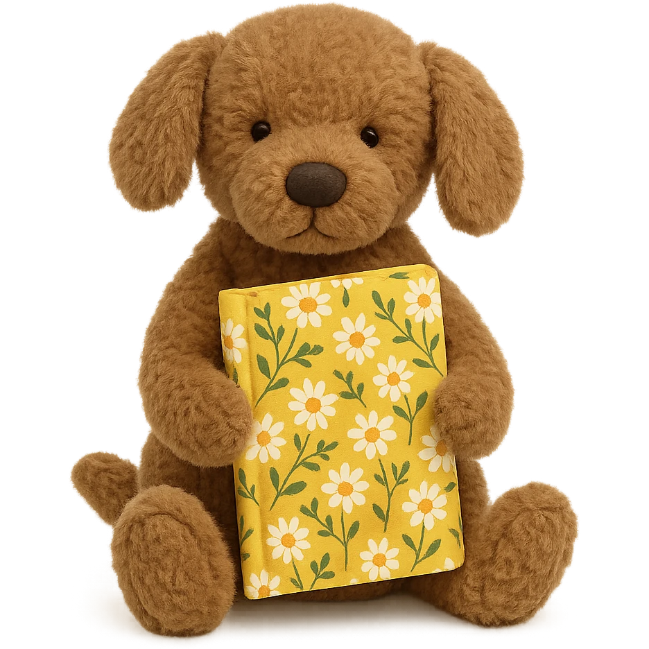 Jellycat style brown golden retriever puppy holding a yellow floral journal  emoji