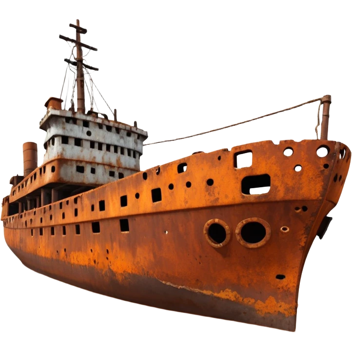 rusted ship wreck, heavily corroded metal hull, orange-brown rust textures, abandoned old ship, weathered surface, dramatic lighting, cinematic atmosphere, 3D cartoon style, mobile game environment art, clean composition, no people, no text, no watermark
 emoji