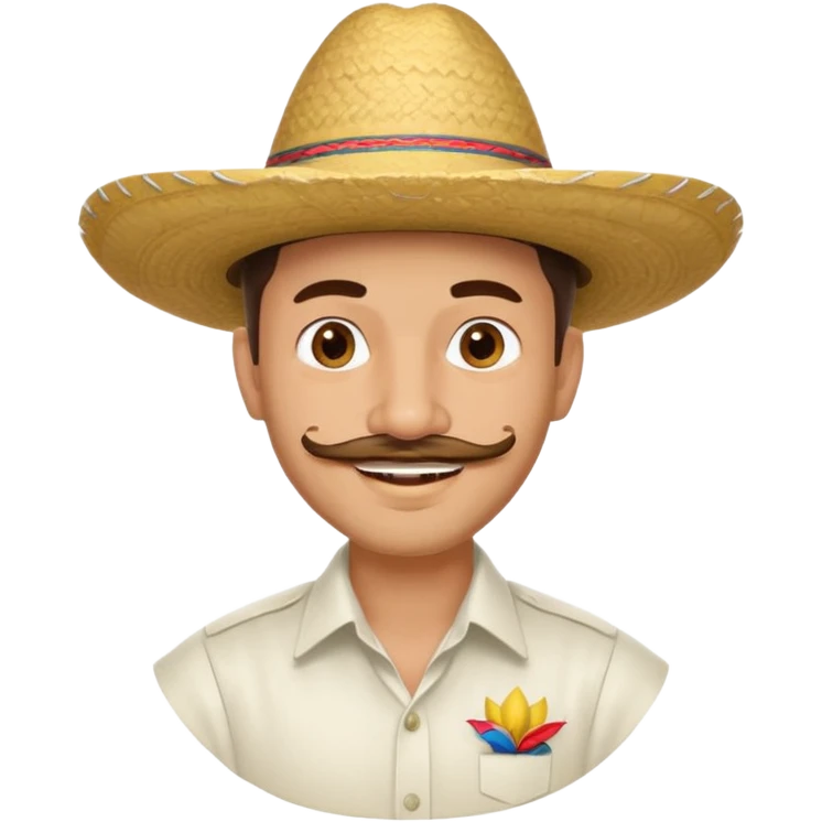 A happy, light skinned, Colombian man, with a small not connected mustache, a small gotee, wearing a Colombian Sombrero Voltiao, and wearing a white dress shirt emoji