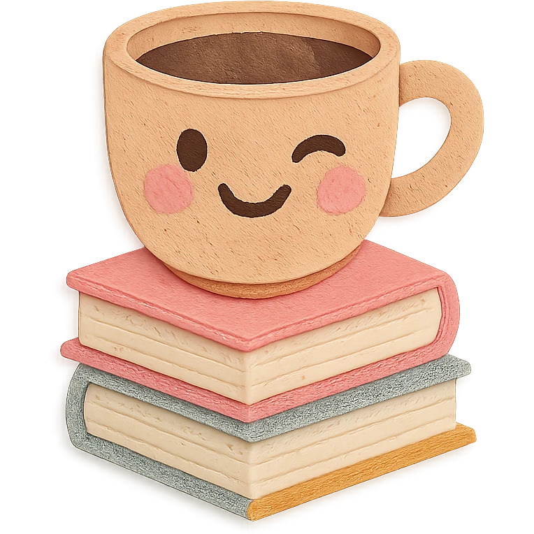 coffee cup with stack of books, winking, cozy hand-drawn pastel style emoji