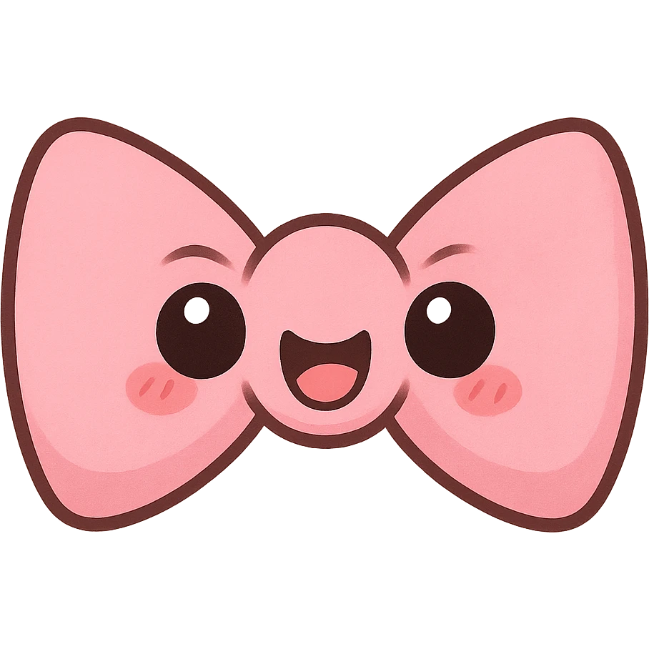 a cute pink bowtie, original design, big eyes, blushing cheeks, joyful emoji
