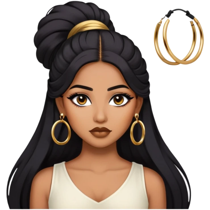 indian girl, brown skin, long black voluminous hair, brown underneath colored hair, baddie,pretty, makeup, lipliner, black eyeliner, gold hoop earrings, white top emoji