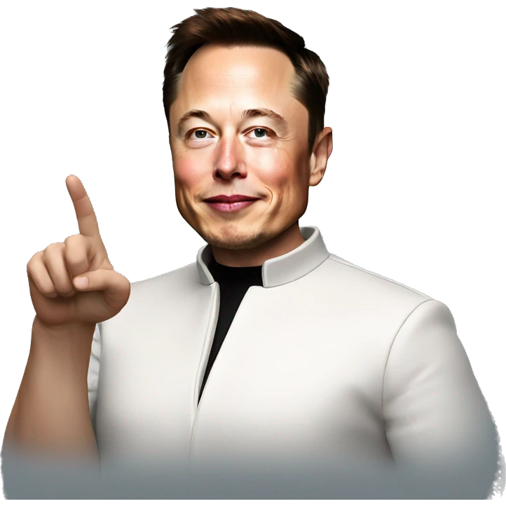 Elon Musk pointing at something at the top right with his hand emoji