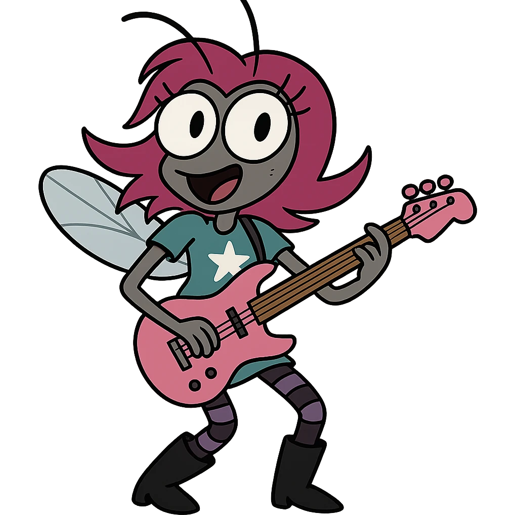 female fly character with magenta hair, big round eyes, teal shirt with white star, golden belt, black boots, purple-striped leggings, holding a pink guitar, rockstar energy, playful and musical emoji
