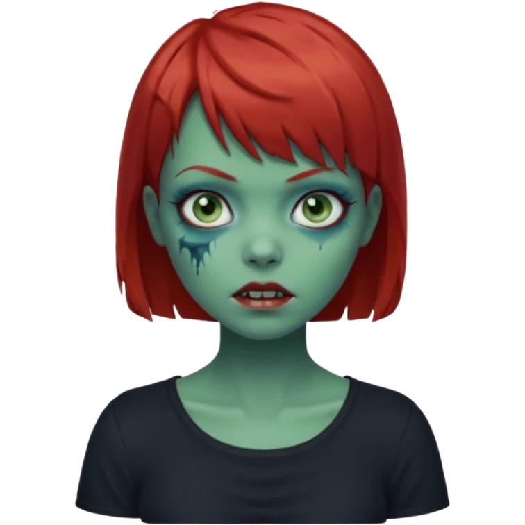 Zombie girl emoji with short red hair and bangs. Blue eyes, green skin, and a black top. emoji