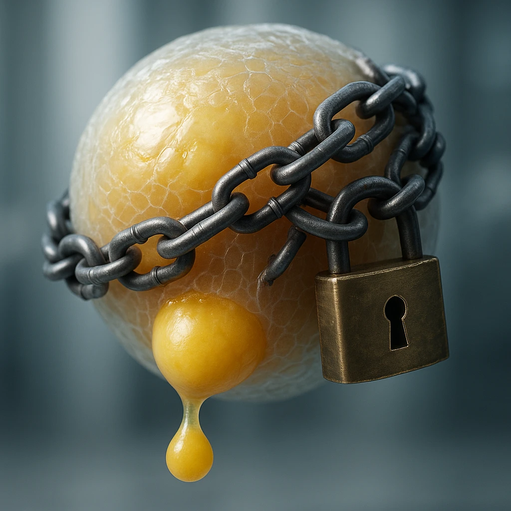adipocyte releasing fat but locked by chains and padlock, hyper realistic 4K, membrane details, clinical atmosphere emoji