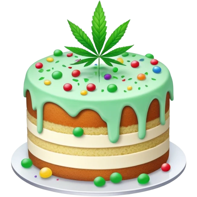 Colorful confetti cake with mint leaves and a cannabis leaf decoration on top emoji