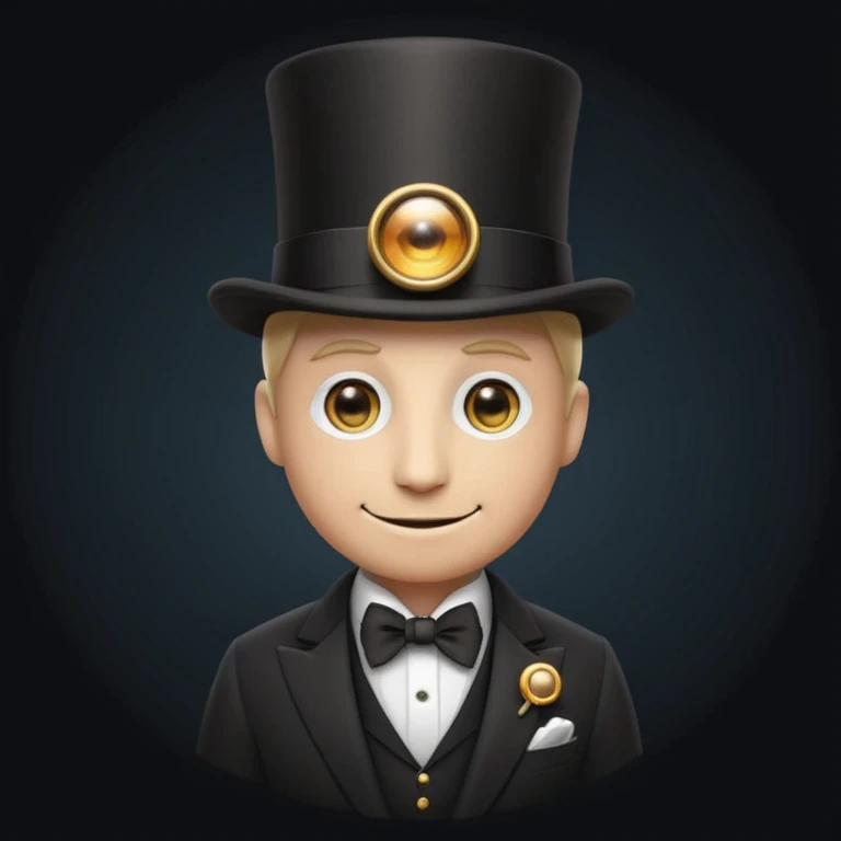 modern emoji-style figure in a tailored suit, top hat, and monocle, small all-seeing eye pin on the lapel, sly confident smile, aura of exclusivity, dark secretive background emoji