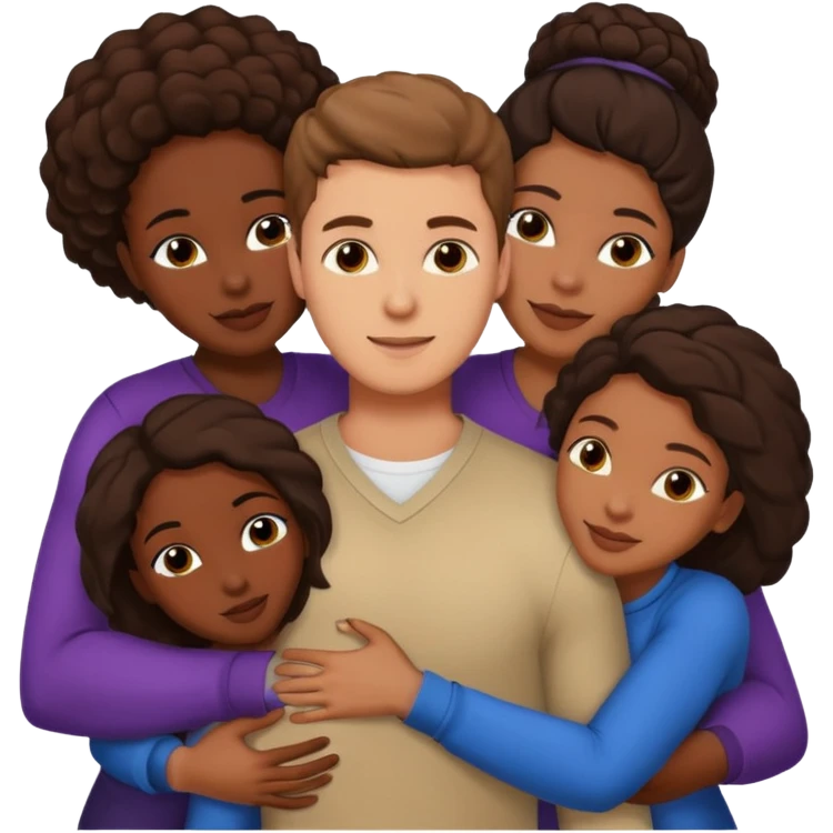 one american italian young brown-haired man surrounded by three black african women with large asses who are hugging him and each other and massaging his shaft and balls emoji